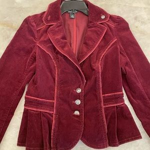 White House l Black Market Burgundy Velvet Jacket Blazer Coat Peplum Flare Sz:2